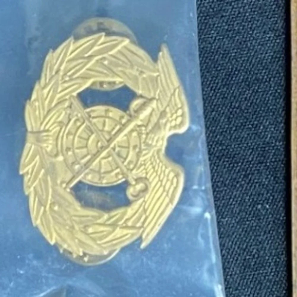Vintage Military Style Lapel Pin‎ Gold Tone Laurel Wreath Eagle Wings